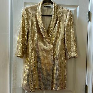 Zara Gold Sequined Double-breasted Jacket Blazer Size XL